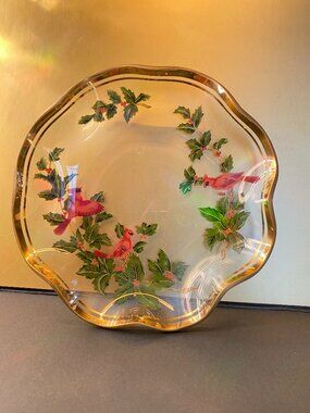 Vintage 1985 Lefton Glass Cardinal Holly Glass Bowl Designer by Michio Suzuki